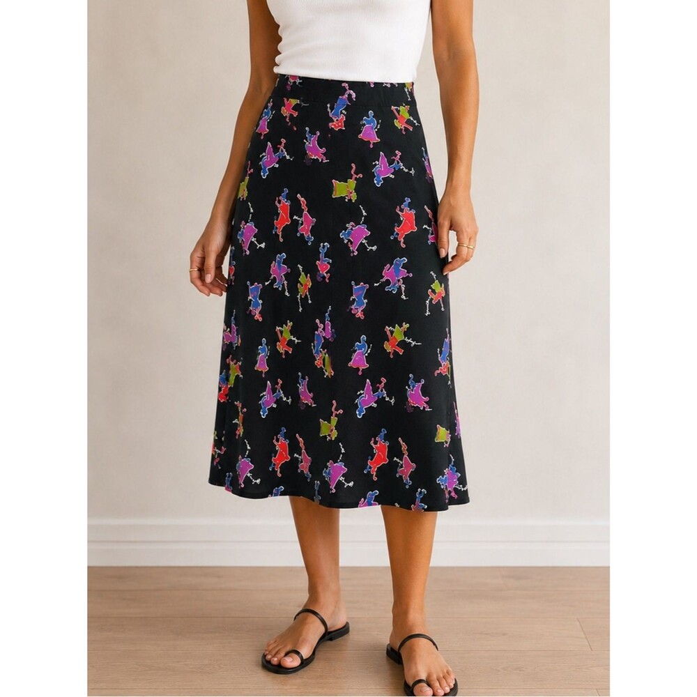 Carol Anderson Petite Vintage 90s Midi Skirt P Black Novelty Print Rayon USA Y2K